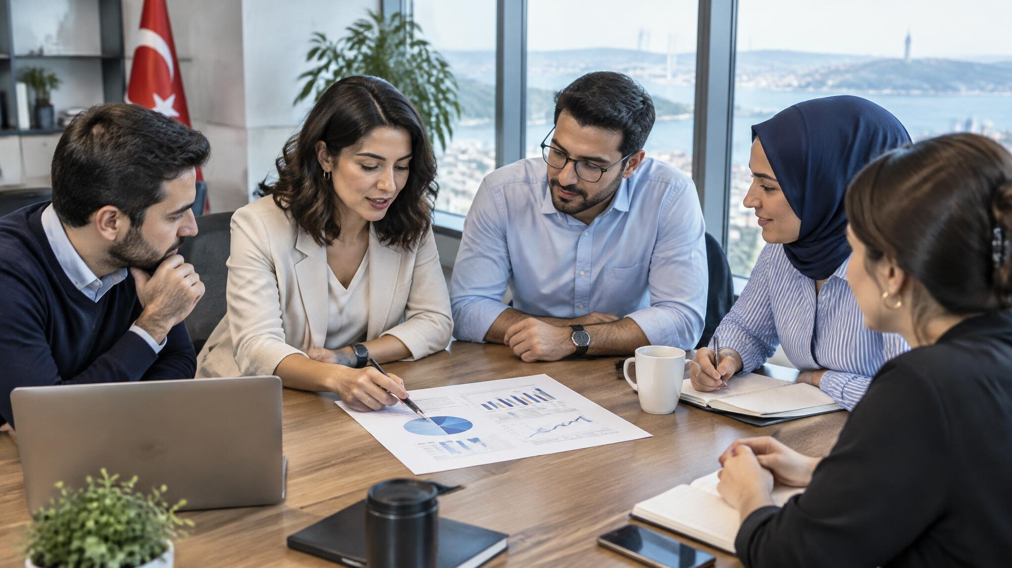 Turkish crisis management team discussing a broadcast protocol in a meeting room