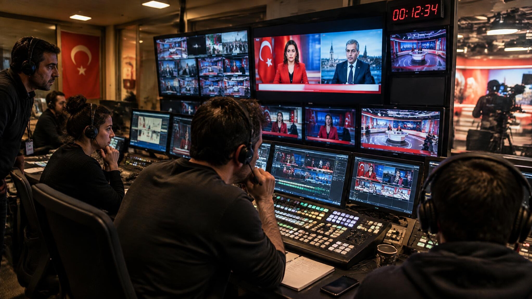 TV studio control room during a tense live broadcast